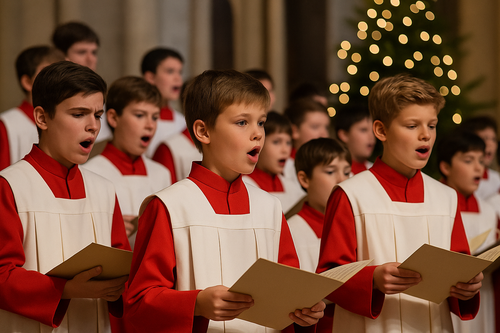 Junge Sänger in roten Gewändern singen im Kinderchor während einer festlichen Veranstaltung in der Kirche, umgeben von Weihnachtsdekoration.