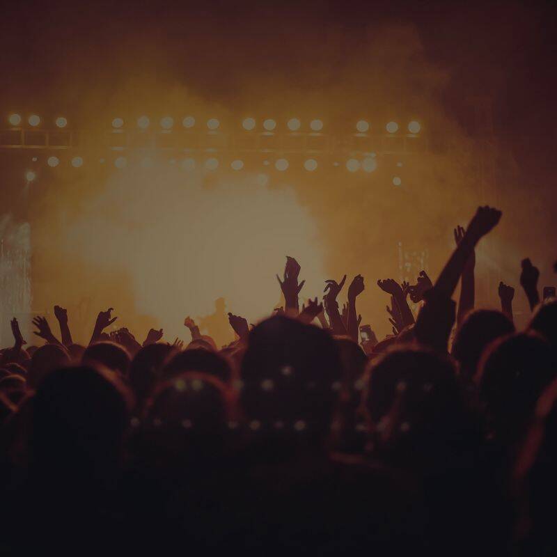Begeistertes Publikum bei einem Konzert, umgeben von Lichtern und Rauch, die eine lebendige Atmosphäre schaffen.