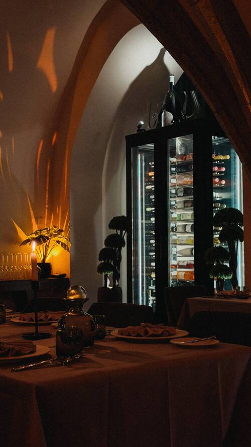Illuminated wine fridge with over 50 open wines in the historic vaulted room of Maxim's Fine Wine Bar & Tapas at Altstadthotel Arch, Haidplatz Regensburg