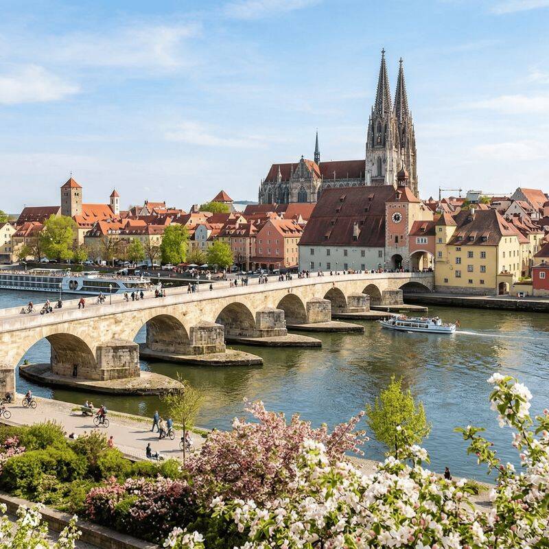 Regensburg in spring: view of the Stone Bridge, Regensburg Cathedral and the old town on the Danube with blossoming trees in the foreground – perfect for a short break over Easter in Bavaria