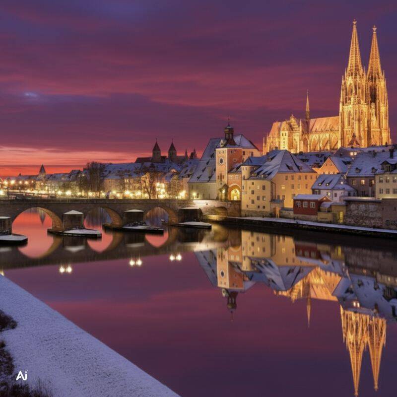 Sonnenuntergang über Regensburg, mit der beeindruckenden Kathedrale und der Brücke, die sich im Wasser widerspiegelt.