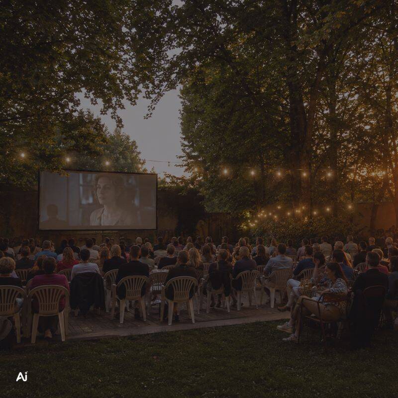 Publikum vor der Leinwand unter Lichterketten und Bäumen beim Cinema Paradiso Open-Air-Kino Regensburg 2026 am Grieser Steg